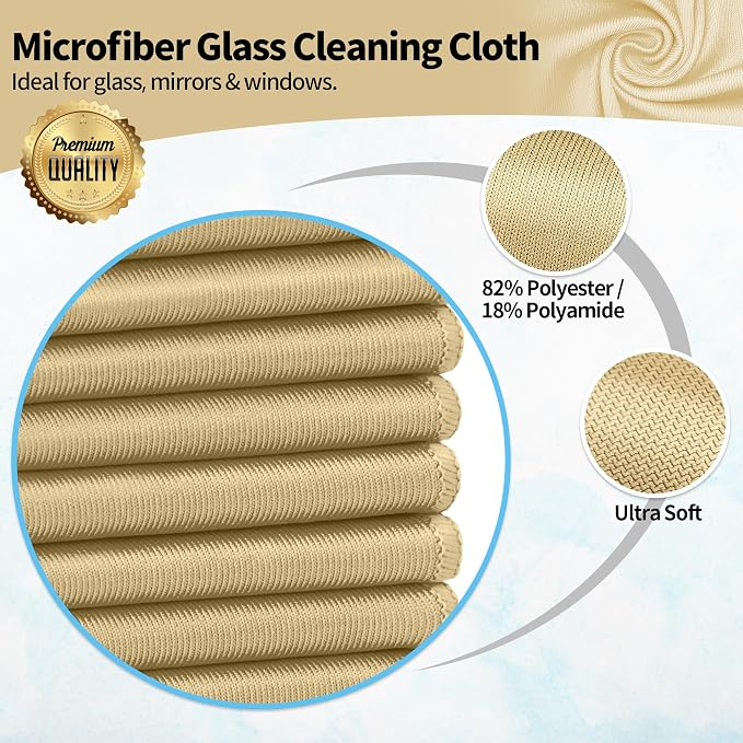 Microfiber Cleaning Cloth - 10 Pack Glasses Cleaning Cloth, 16" x 14" Window Cleaning Rags, Streak Free Lint Free Polishing Cloths Wipes for Eye Glass, Stainless Steel, Windshield, Beige