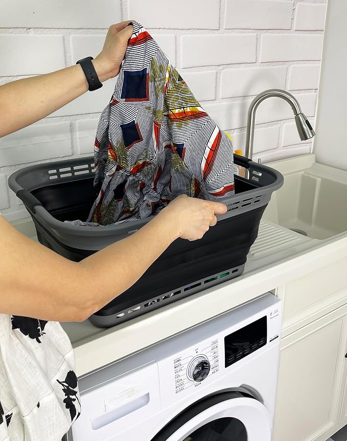 SAMMART 42L (11 Gallons) Collapsible Plastic Laundry Basket - Foldable Pop Up Storage Container/Organizer - Portable Washing Tub - Space Saving Hamper/Basket [BPA Free] (Grey/Black)