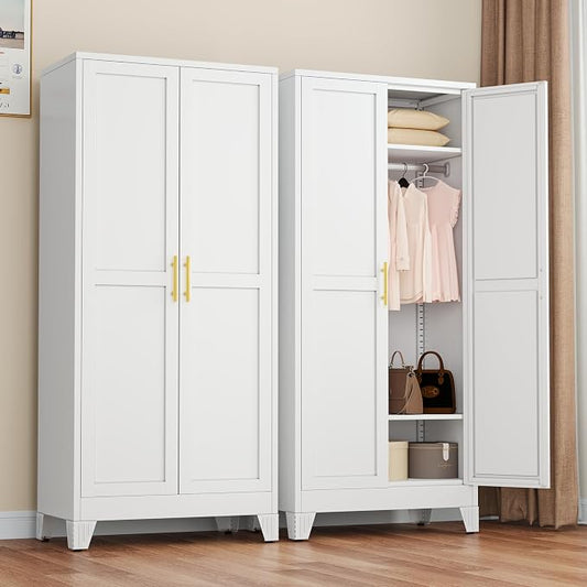 winiowa Metal Armoire Wardrobe Closet with 2 Doors, 71"' Wardrobe Cabinet with Adjustable Shelves and Hanging Rod, Clothing Storage Cabinet Closet for Bedroom-White