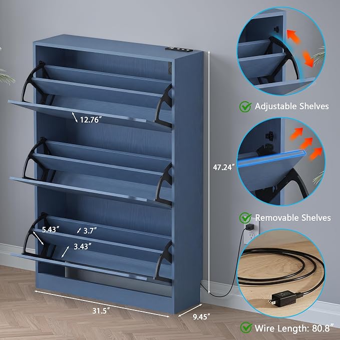 BORNOON Shoe Cabinet with Odor Control and Back Panels, Deodorizing Slim 3-Flip Shoe Storage Cabinet for Entryway, Freestanding Hidden Shoe Rack Organizer for Entrance, Hallway, Bedroom