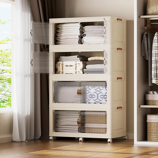 SAILUN 190Gal/760Qt Stackable Storage Bins Folding Collapsible Storage Bins with Lid, Closet Organizers and Storage Box with Door Cream 33.5" W x 19" D x 69" H
