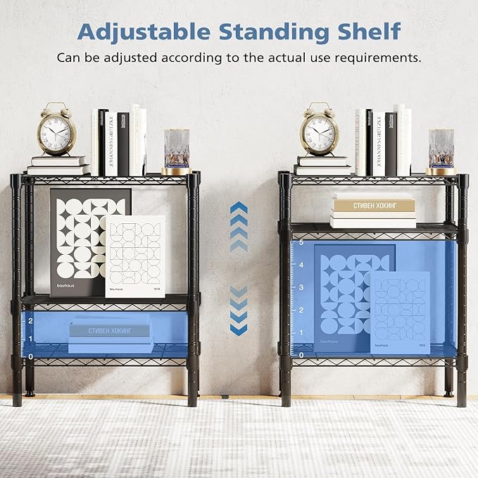 NEWBULIG 3-Tier Metal Wire Storage Shelves, Adjustable Heavy Duty Steel Shelving Unit, Freestanding Storage Rack Organizer for Kitchen, Pantry, Garage, Bathroom, 23.2" W x 13.4" D x 30.3" H, Black