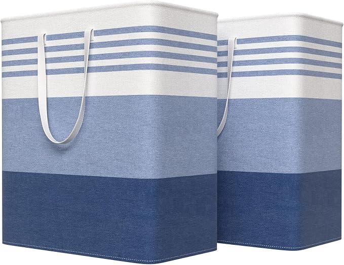 WOWBOX 2 Pack Laundry Baskets, Laundry Hampers, Freestanding Dirty Clothes Hampers with Reinforced Handles & Cross Stitch & Waterproof Coating, for Laundry Bedroom Bathroom Dorm,100L Blue