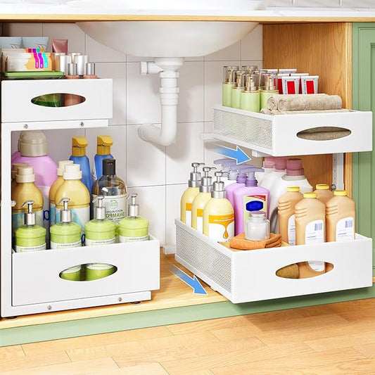 Under Sink Organizer, 1-Pack Pull Out Cabinet Organizer 2 Tier Metal Slide Out Storage Shelf Rack, L-Shaped Adjustable Height,Mesh Sliding Drawer for Kitchen, Bathroom, Laundry, Pantry, White, XL