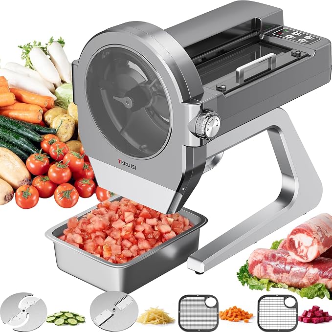 Commercial Vegetable Chopper, 300W Auto Feed Stainless Steel Vegetable and Meat Slicer, 4-In-1 Food Cutter Machine with 1-10mm Slicing, 3mm Shredding & 2 Dicing Sizes, 440LBS/H Output, 110V