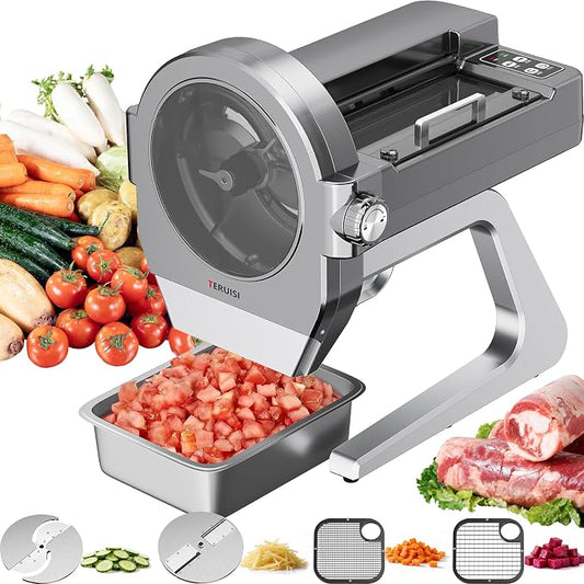 Commercial Vegetable Chopper, 300W Auto Feed Stainless Steel Vegetable and Meat Slicer, 4-In-1 Food Cutter Machine with 1-10mm Slicing, 3mm Shredding & 2 Dicing Sizes, 440LBS/H Output, 110V