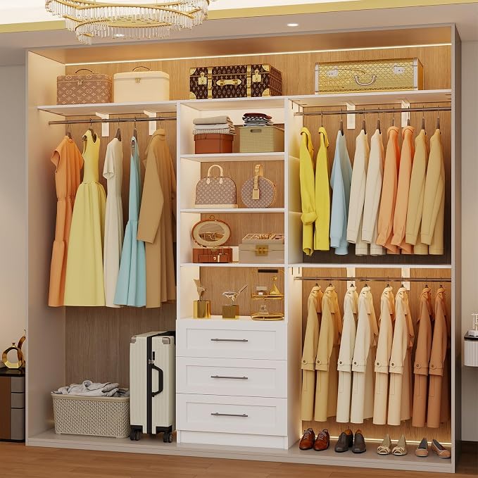 Closet System with Drawers, 4-8FT Closet Organizer System with Cuttable Shelves & 3 Expandable Hanging Rods, 96” Walk in Closet Organizer Storage System, Modular Closet Systems Adjustable, White