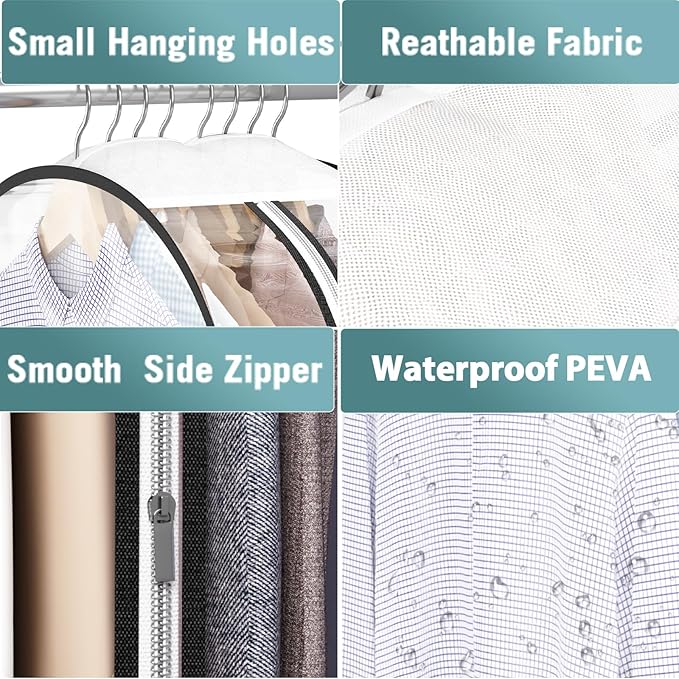 Liuoud Clear Garment Bag for Hanging Clothes 10” Gusseted, 60” Suit Bags for Open Closet Storage Plastic Clothes Cover for Coat, Dress, Shirts, Fur, Jacket, Wardrobe Protectors, 6 Pack