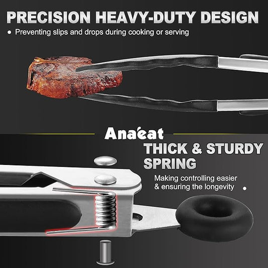 Anaeat 3 Pack 7" Mini Non-Stick Silicone Locking Tongs - Stainless Steel Kitchen Food Tong with Non-Slip Silicone Tips and Grip for Cooking, Baking and BBQ - Metal Tongs Heat Resistant up to 480°F
