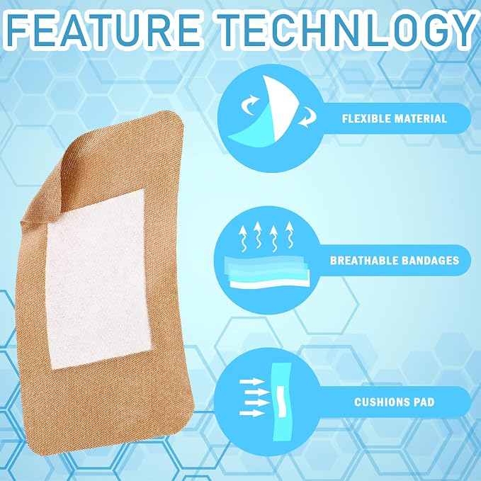 Marsui 200 Pcs Large Bandages 3 x 4 Inch Wound Care Flexible Adhesive Bandages Latex Free Fabric for and Protect Wounds Large Size for First Aid Wound Care Assorted