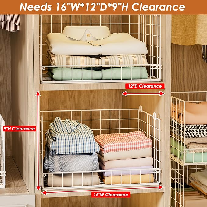 Huxitocan 6-Tier Stackable Closet Organizers and Storage Basket - Foldable Closet Shelf Organizer System, Sturdy Metal Space-Saving Clothes Storage Bins for Wardrobe, White(Patent Pending)