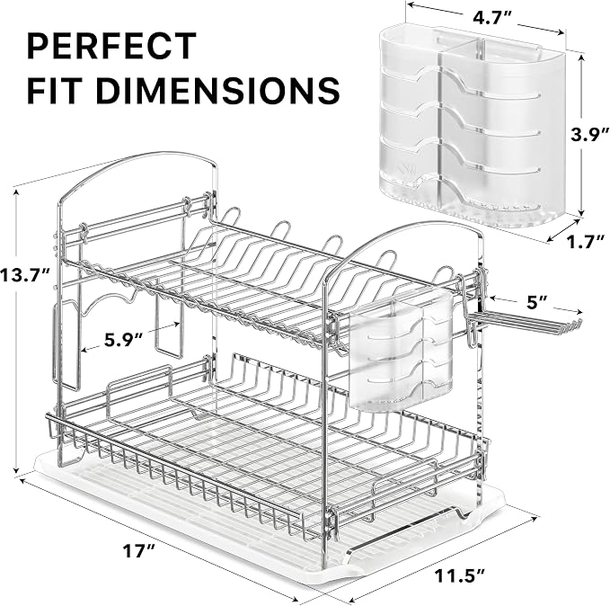 Simple Houseware 2-Tier Stainless Steel Dish Rack with Drainboard, Chrome for Kitchen