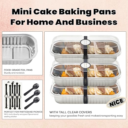 NPLUX 50 PACK Mini Cake Pans with Lids and Spoons, Rectangular Aluminum Foil Bread Pan, Mini Loaf Pans and Food Containers with Lids for Graduation Gifts Party Favors(Silver, 6.8oz)