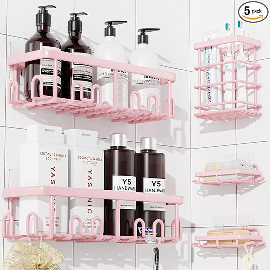 YASONIC Shower Caddy Adhesive, 100% Rustproof Shower Organizer with Soap and Toothbrush Holder, Large Capacity Shower Shelves for Inside Shower, No Drill Shower Storage for Home (5 Pack Pink)