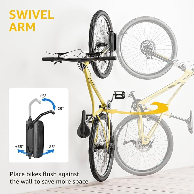 monTEK Swivel Bike Wall Mount, Bike Hangers for Garage, 4 Pack | Heavy-duty vertical wall bike storage rack swivels 150° to save space; holds 66 lb each and fits tires up to 3.54 in wide