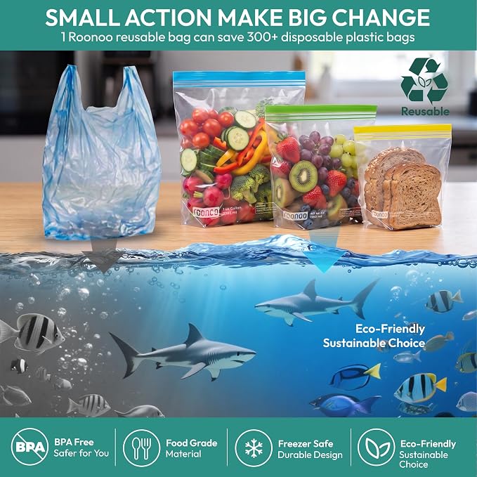 24 Pack Reusable Food Storage Bags Stand Up, Dishwasher Safe BPA Free Gallon Freezer Bags, Extra Thick Leakproof Ziplock Sandwich Snack Bags for Meal Prep Travel（8 Gallon,8 Half Gallon, 8 Sandwich)