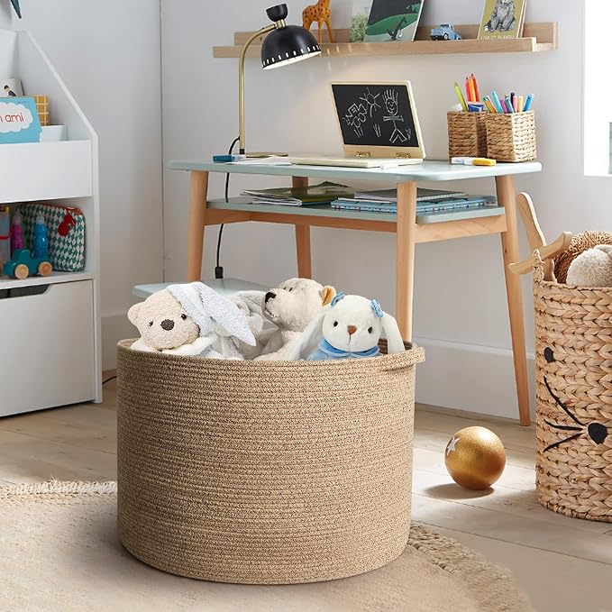 MEGASKET Extra Large Storage Basket, 22”x14” Woven Cotton Rope Basket, Big Kids Dog Floor Toy Bin, XXL Blanket Pillow Holder for Living Room Bedroom, Brown Variegated Round Baskets for Organizing