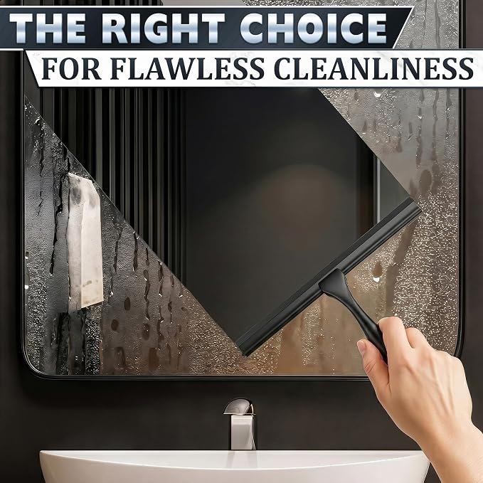 10 Inch Shower Door Squeegee - Black Shower Squeegee for Streak-Free Bathroom Glass - Stainless Steel Cleaner with Silicone Blade, Adhesive & Hanging Hooks for Mirror, Tile, Window, Car, Everyday Use