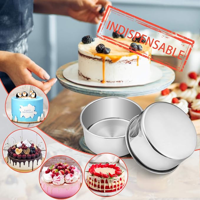 E-far Cake Pans Set of 3, 6 x 3 Inch Stainless Steel Round Cake Baking Pans Tins for Wedding Birthday, Deep Side & Non-toxic, Oven & Dishwasher Safe, Mirror Finish & Straight Side