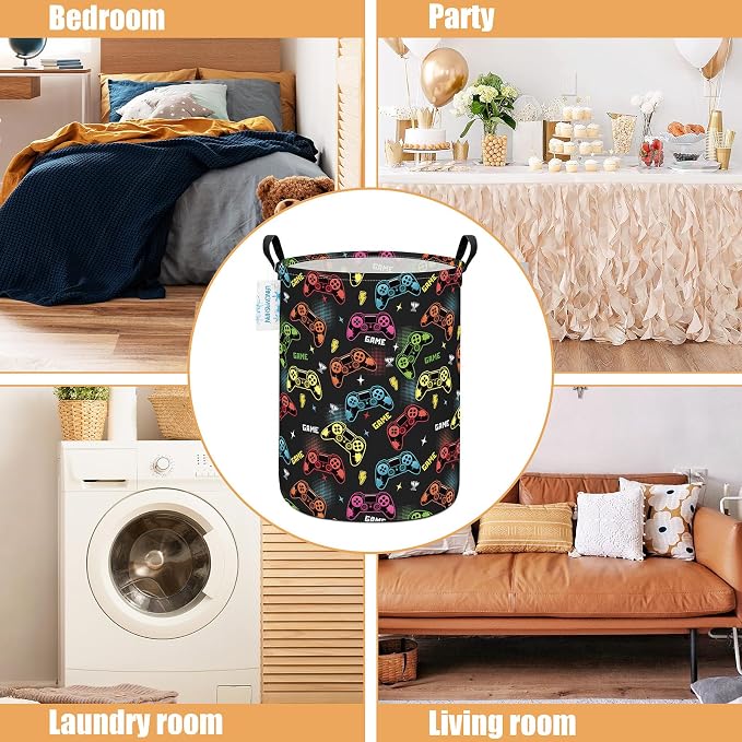 Round Laundry Basket Collapsible Storage Hamper Organizer Game | Waterproof Canvas Foldable Baskets with sturdy Handles Multi-scene Organizer for Home Play Bedroom Gift Bin