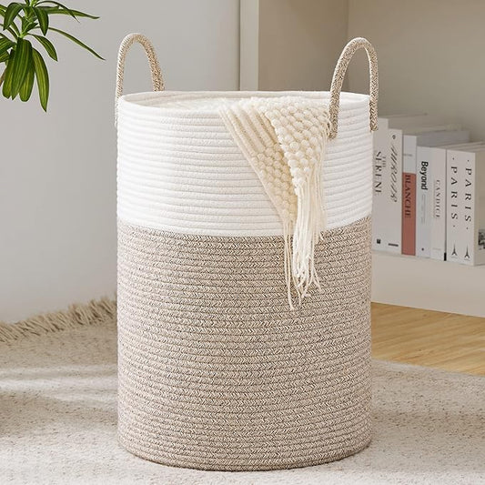 YOUDENOVA Woven Rope Laundry Hamper Basket, 58L Tall Laundry Basket, Baby Nursery Hamper for Blanket Storage in Bedroom-Large-Brown | Large Woven Laundry Hamper with Sturdy Handles, Collapsible Home Decor Laundry Basket for Laundry, Clothes, Toys in Be...