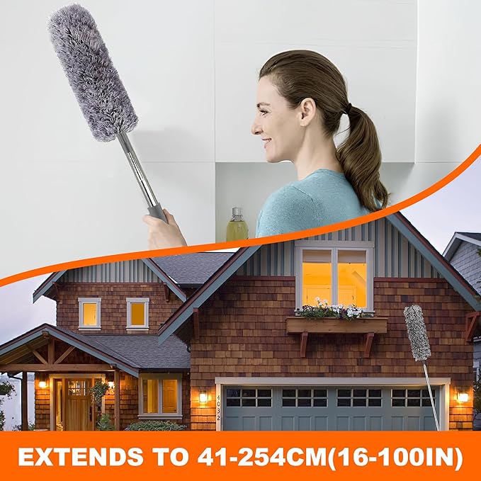 Duster with Extension Pole, Washable Cleaning Duster Kit with DusterHeads, Cobweb Duster, Corner Brush, Telescoping Pole for Ceiling Fan (9)
