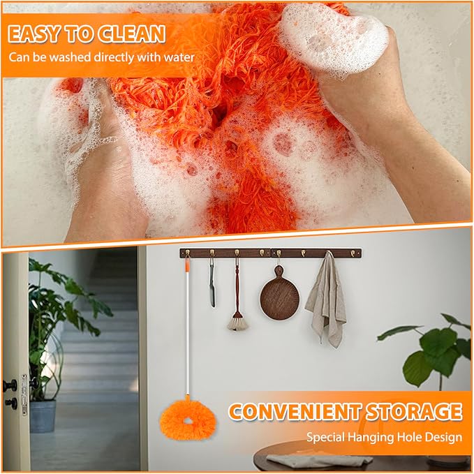FONUNO Ceiling Fan Cleaner Duster High Ceiling Extended Fan Blade Cleaner | Reusable Microfiber Ceiling Fan Duster with Extension Handle from 13 to 50 Inch for Furniture Bookshelves Wall Door, Orange