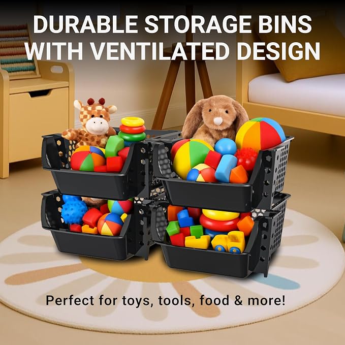 Skywin Stackable Storage Bins Open Front for Pantry Storage, 4 Pack - Black | Sturdy Plastic, Easy Stacking, Breathable & Open Front Design, Pantry Storage for Snacks, Toiletries, and Small Essentials