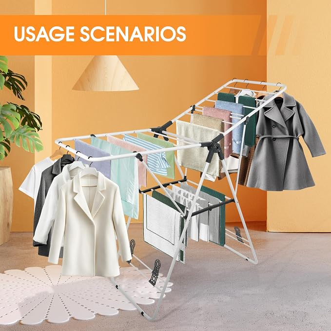Clothes Drying Rack Foldable Metal Laundry Drying Rack White | with Height-Adjustable Wings, Space Saving, Indoor Outdoor Use, Free-Standing Airer