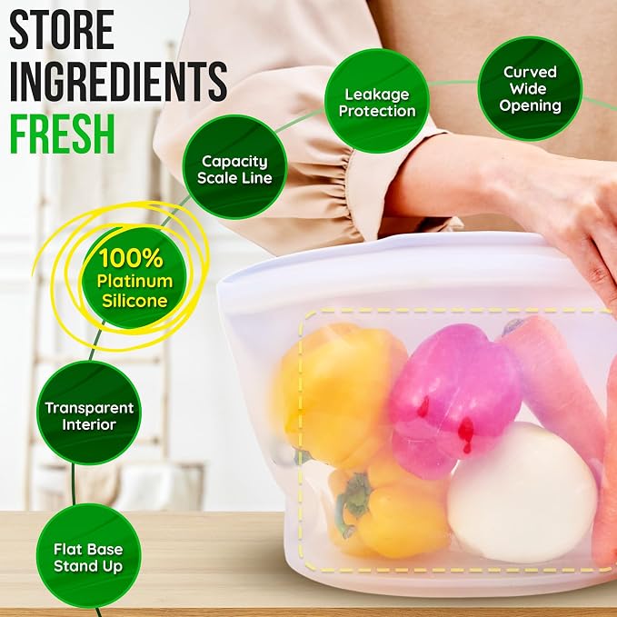 Reusable Silicone Food Storage Bag, 6 Cups, Large Container, Made in Korea BPA-Free Platinum Silicone, Triple-Airtight Freezer Bag, Microwave Safe, Sous Vide, Meal Prep, 51oz, Taupe Brown