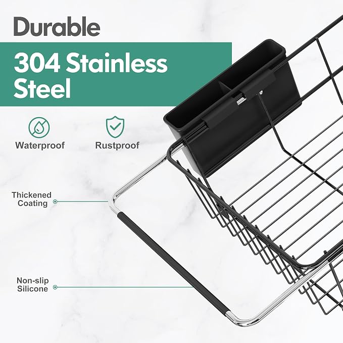 Over Sink Expandable Dish Drainer Drying Rack In Stainless Steel for Small Kitchen, Counter Space Saving Modern Black Compact Metal Above Plate Dryer Strainer, Adjustable Hanging Inside Drain Holder