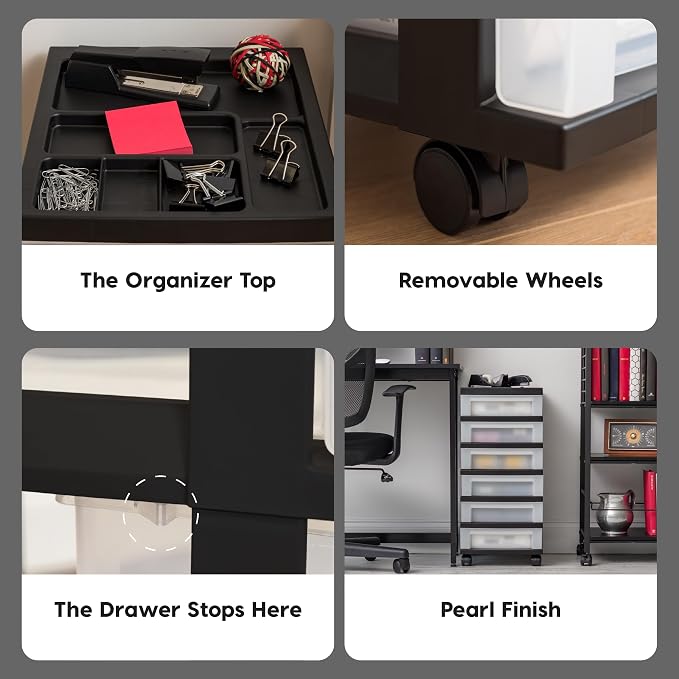 IRIS USA 6-Drawer Rolling Storage Cart with Organizer Top, Black/Pearl | Keep craft supplies, office essentials, classroom items, and accessories organized with easy-access drawers for daily use