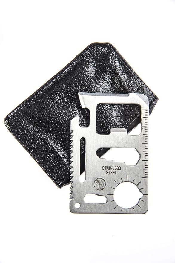 SE 11-Function Stainless Steel Survival Pocket Tool - Compact, Credit Card-Sized Multi-Tool with Leatherette Case - Ideal for Camping, Hiking, and Outdoor Activities- MT908-1