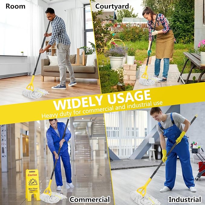 VOUBIEN Commercial Mop Handle Heavy Duty,58" Industrial Mop Stick,Wet Mops Head Replacement Holder for Professional/Industrial Floor Cleaning, Yellow
