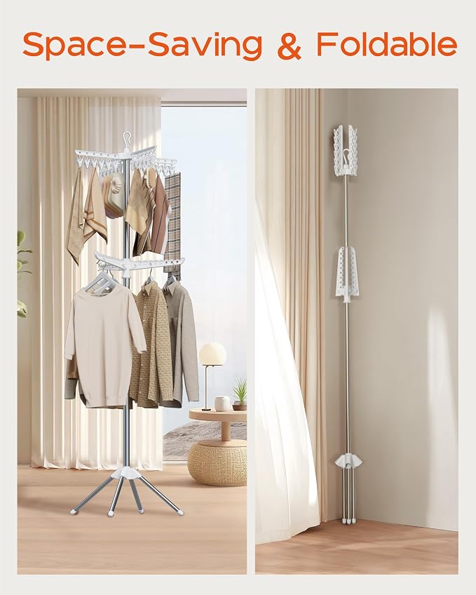 CASAMAYA Clothes Drying Rack Foldable, 72 inch 2 Tier Laundry Drying Rack with Rotating Clothes Rail for 27 Pieces of Clothes, Adjustable, 24 Clips, Space Saving, White and Silver CDR012W01