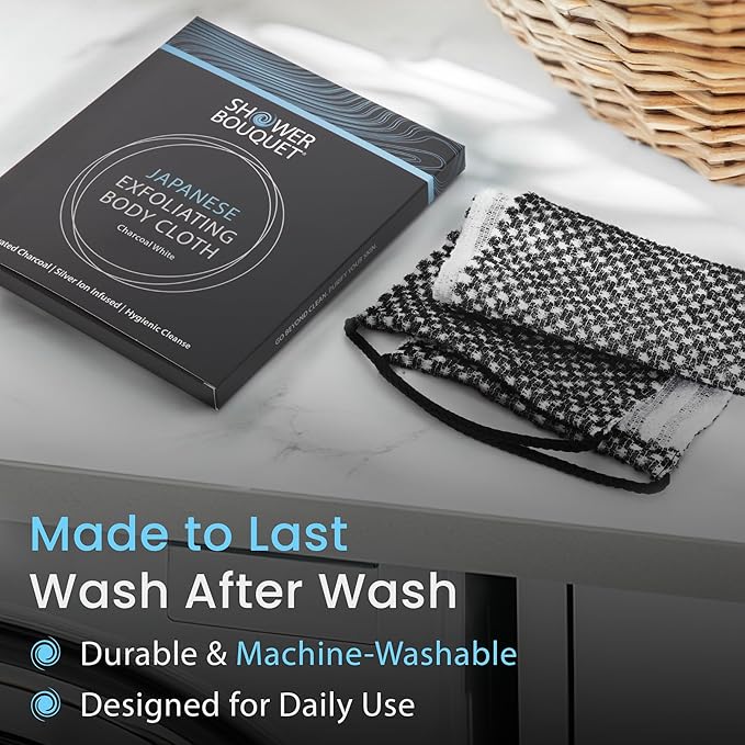 Japanese Exfoliating Washcloth for Back & Body - Charcoal & Silver Ion Exfoliating Towel with Handles - Two-Sided Gentle Exfoliation & Deep Cleansing Soft Body Wash Cloths for Shower - White