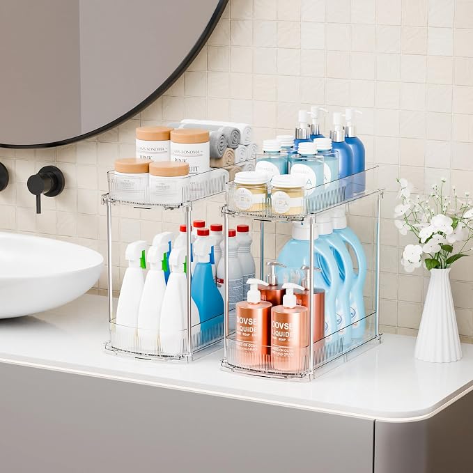 Yieach 2 Pack 13.8″ Deep 2 Tier Under Sink Storage Organizer,Large Pull Out Bathroom Organizers and Storage,Slide Out Acrylic Undersink Storage Shelf,Kitchen Under Sink Organizer for Cleaning Products
