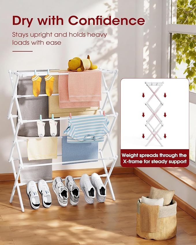 Sakugi Foldable 3-Tier Clothes Drying Rack 37.4" H with Non-Slip Feet | Indoor & Outdoor Use, Space Saving, Metal Frame, 11.4" D x 29.1" W, White