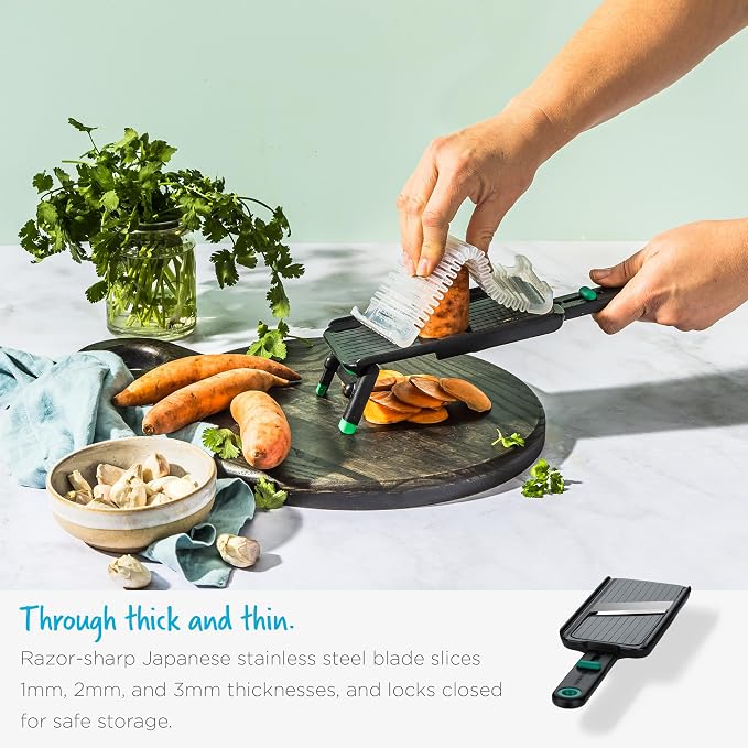 Dreamfarm Nocutu Adjustable Handheld Mandoline Slicer with Finger Guard | Fruit and vegetable cutter with flexible snap-on protective blade cover and non-slip foot - creates precise 1-3mm thin slices