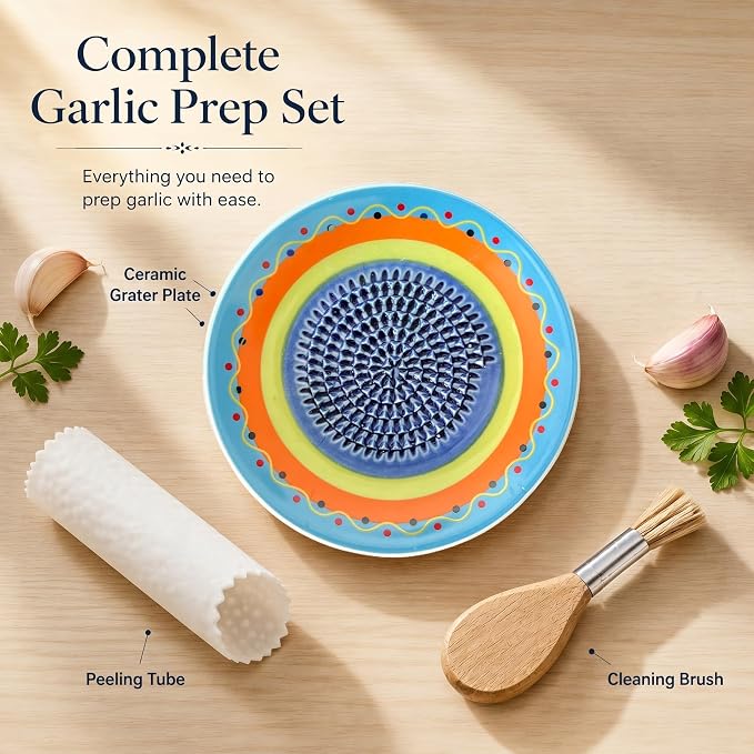 Handcrafted Ceramic Garlic Grater Plate 4-Pc Set, 4.72" Handmade Porcelain Grinding Dish with Wooden Boar Bristle Brush & Textured Silicone Peeler, Multicolor Spanish Wave