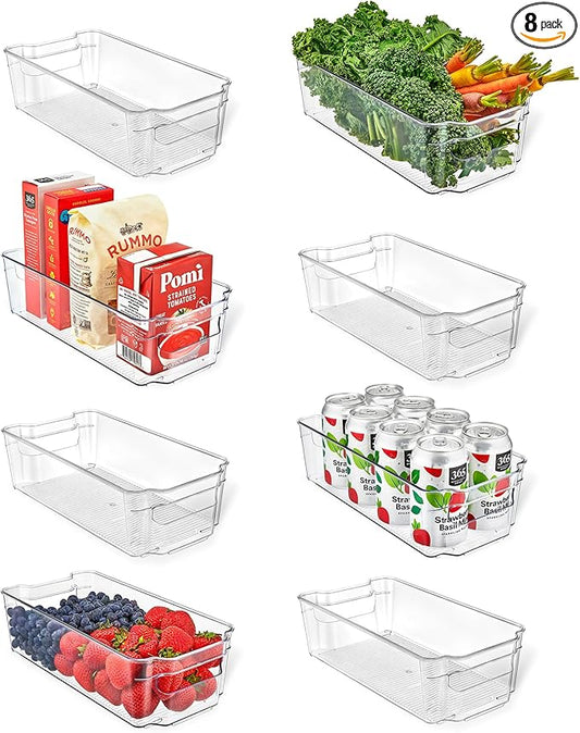 Lifemaster Multi-Purpose Refrigerator Bins - 8 Pieces Usable And Stackable Design Fridge Bin Organizer With Easy Grip Handles - Clear