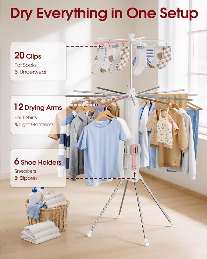 Sakugi Foldable Clothes Drying Rack with 12 Steel Arms, Clips & Shoe Holder | Laundry Room, Bedroom, Outdoor & Indoor Use, Collapsible, Reinforced Frame, 4 Leg Stable Base, White, 44"D x 44"W x 71"H