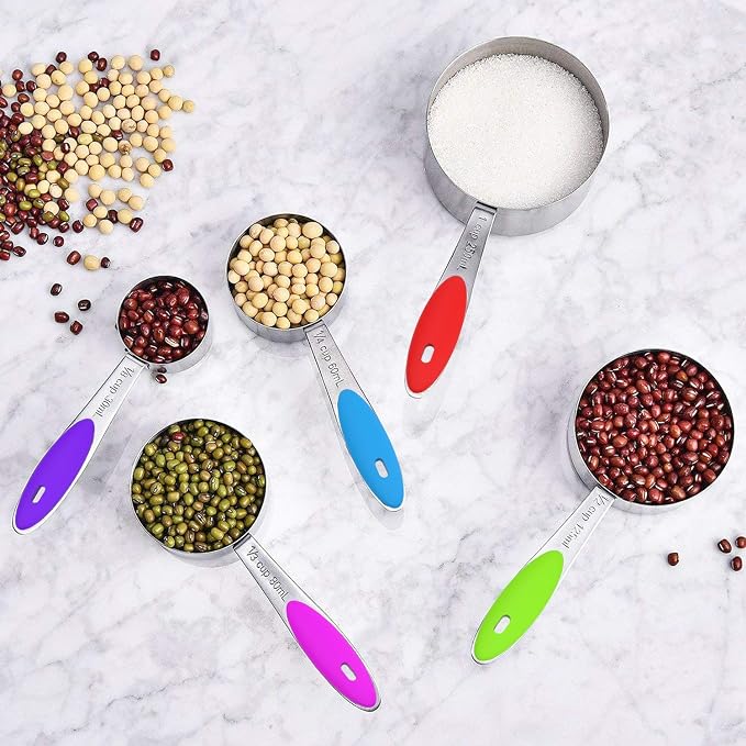 Wildone Stainless Measuring Cups and Spoons Set with Silicone Handle, 16pcs | 8 Measuring Cups and 8 Measuring Spoons, Nesting Design, Heavy Duty for Measuring Dry/Liquid Ingredients, Multicolor