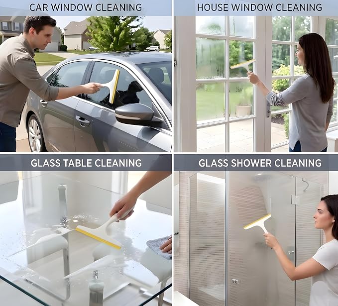2 Pack Shower Squeegee for Glass Doors – 9.5” Silicone Blade Window Cleaner Tool (Grey & Yellow) – Bathroom, Car Windshield, Mirror & Tile Cleaning Wiper with Hook – Lightweight Ergonomic Handle