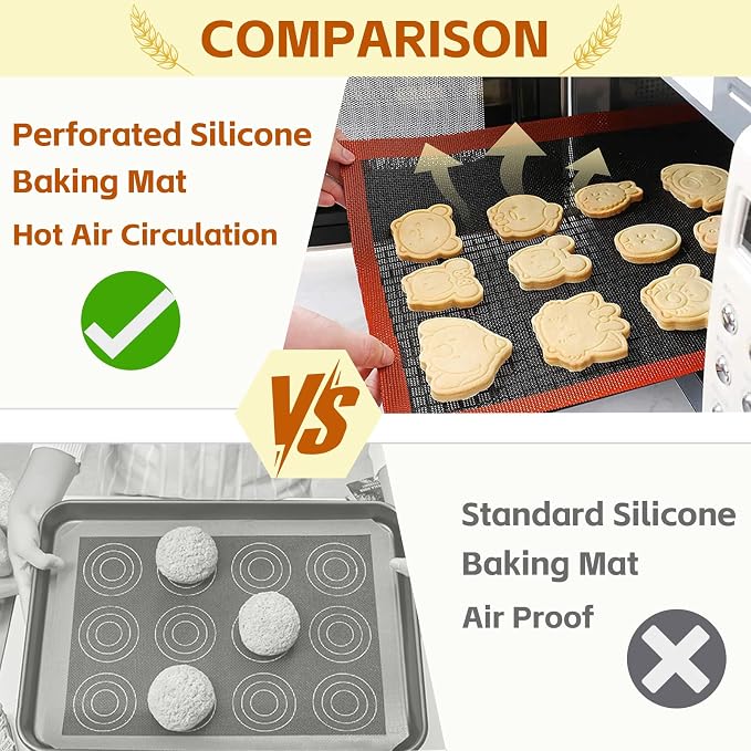 16.5"x11.6" Perforated Baking Mats, Non-Stick Hollow Out Silicone Mat, Reusable Oven Liner for Half Sheet Pan, Making Bread/Pizza/Macaron/Pastry/Cookie (2 Pcs, Black Corner Cut)