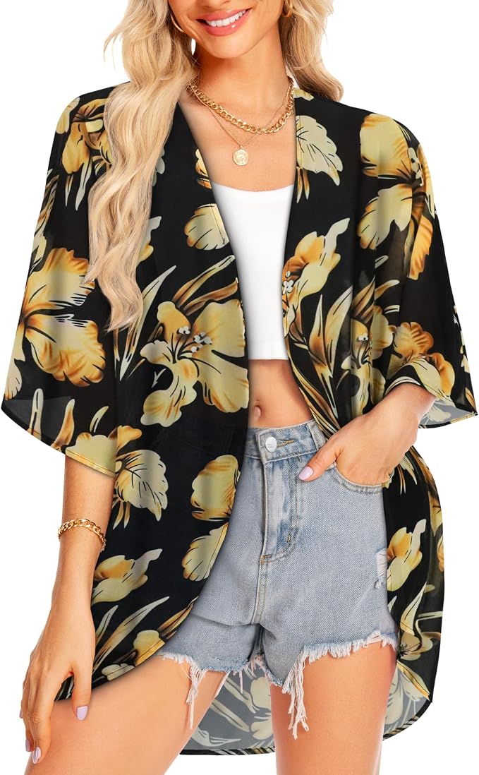 Women Kimono Cardigans Summer Cover Up Hawaiian Shirts Floral Print Tops | ROSEMIA chiffon kimono open front cardigans, beach cover ups, daily casual tops, cruise outfits, summer resort wear
