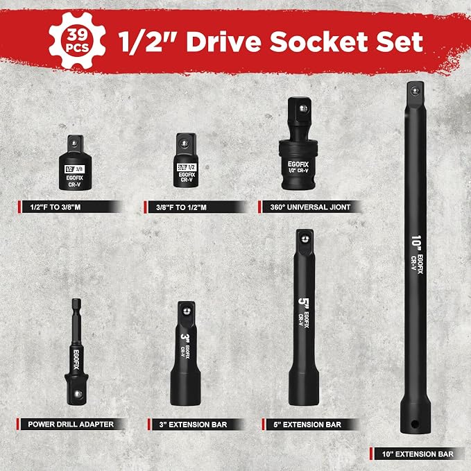 1/2” Drive Impact Deep Socket Set, 39 Pieces Metric(8-24mm)/SAE(5/16 to 1-1/4), CR-V Steel Tool Set with 3”, 5”, 10” Extension Bar, Adapters