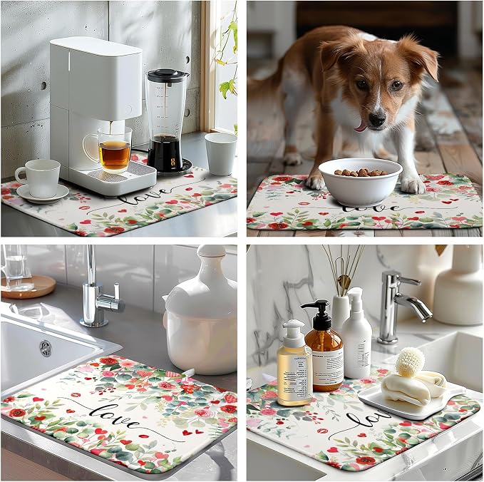 Valentines Day Love Heart Rose Eucalyptus Leaves Dish Drying Mat for Kitchen Counter 16x18 Inch Spring Valentine Microfiber Absorbent Dish Drainer Mats Reversible Drying Pad