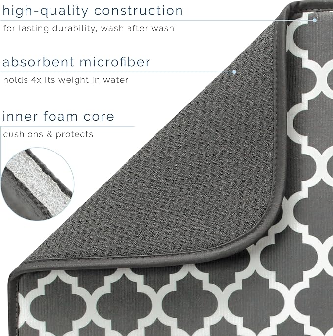 S&T INC. Dish Drying Mat XL, 18” x 24”, Absorbent Microfiber Kitchen Counter Mat, Dish Drying Pad for Dishes, Utensils, Pots and Pans, Extra Large, Pewter Grey Trellis