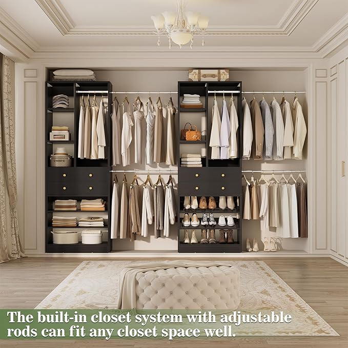 Besiost Closet System, Up to 134"/11.2 FT Closet Organizer with 4 Wooden Drawers and Shelves, Walk-in Closet System with 6 Hanging Rods, Built-in Closet Can Fit 96"/8FT, 120"/10FT, Black Set 2